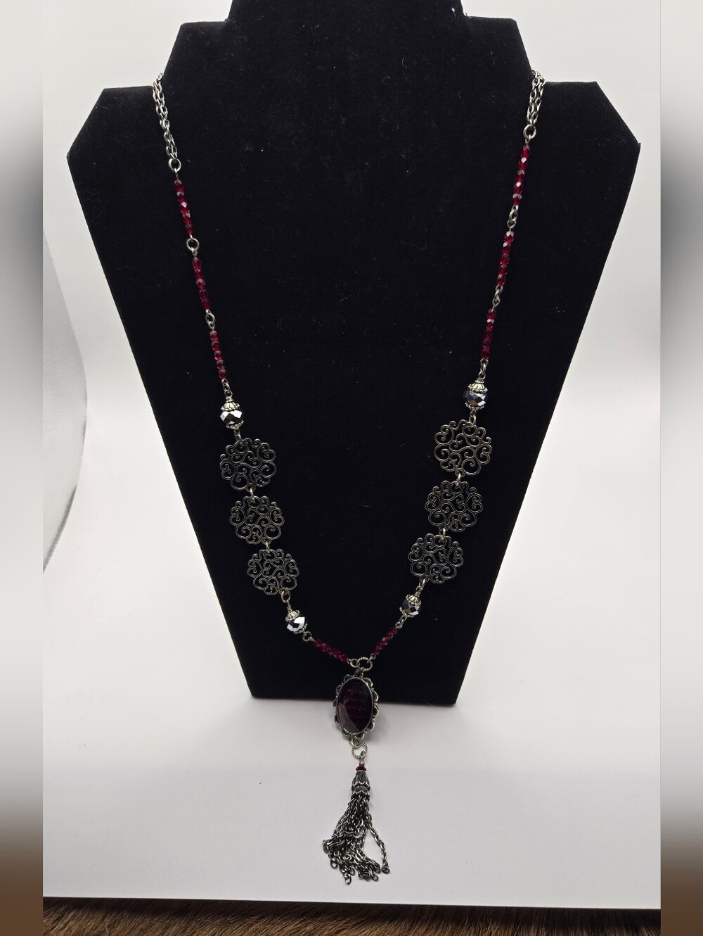 Handmade Gothic Scarlett Beaded Necklace With Gem Pendant